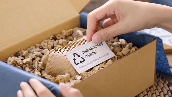 C'est un carton avec une personne qui prend un papier où c'est marqué 100% recyclable